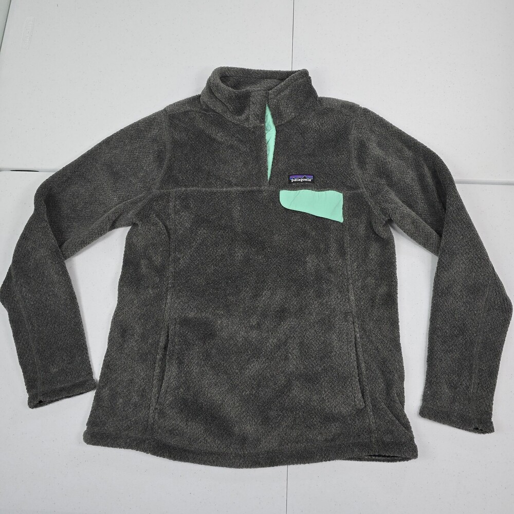 Patagonia Women L Re-Tool Snap-T Fleece Pullover Feather Grey/Aqua Sweater